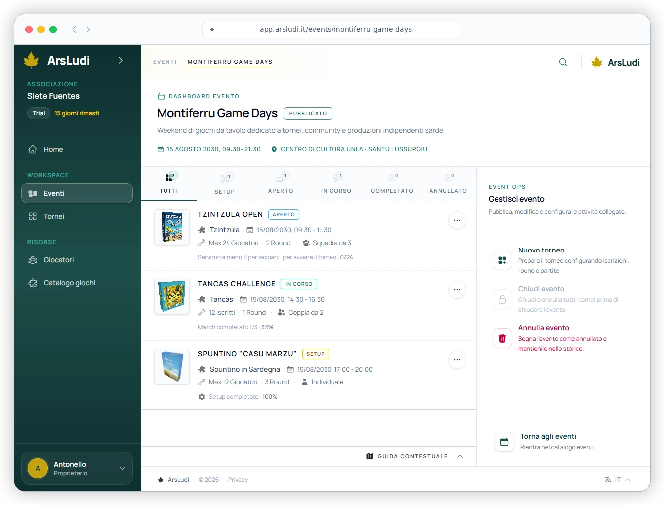 Montiferru Game Days event dashboard in ArsLudi with tournaments in setup, open and running states